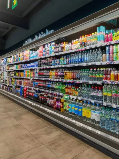 Soft drinks for sale in a fridge unit in a retail forecourt store
