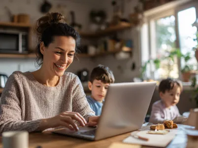 Mother working from home with her children.